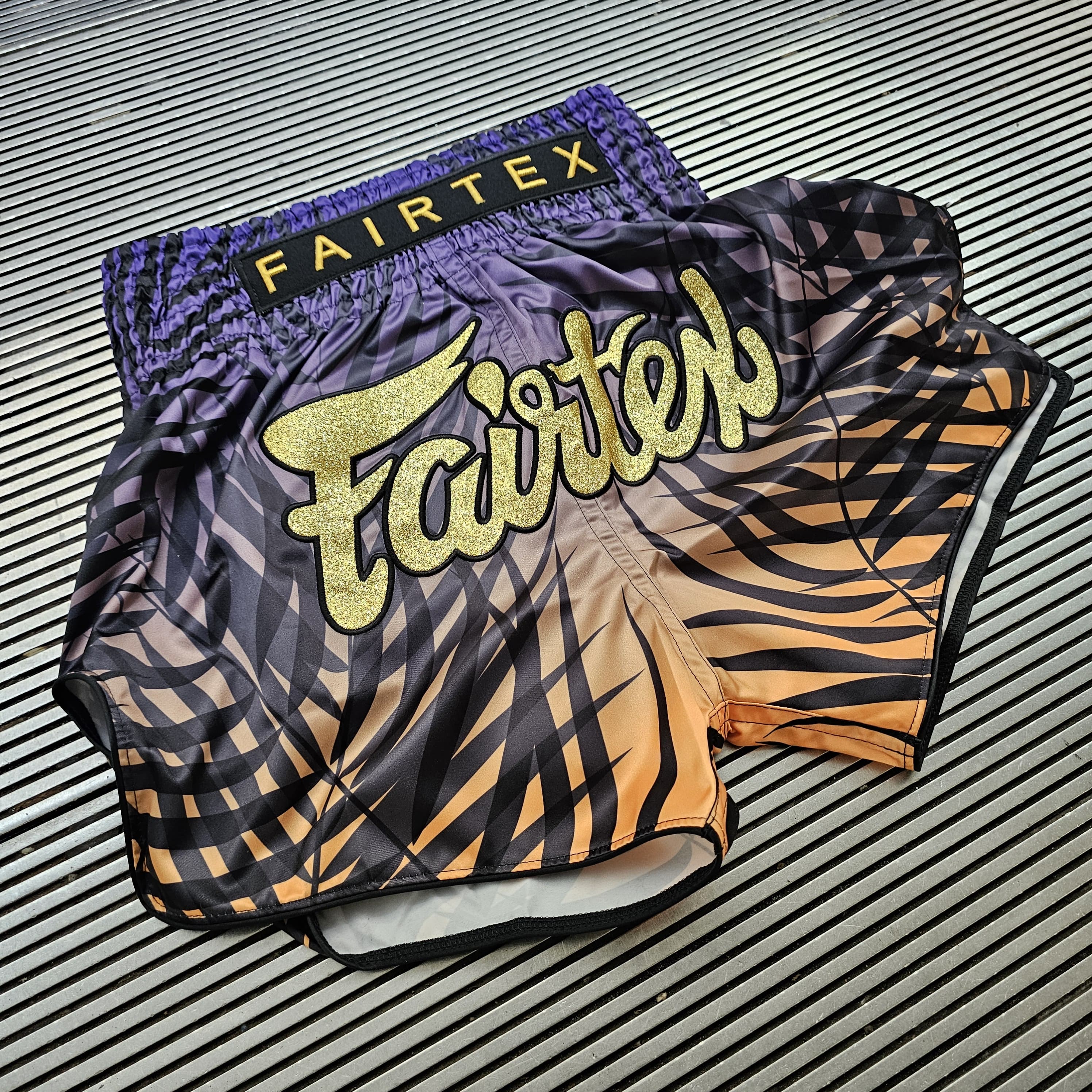 FAIRTEX THAI SHORTS SLIM CUT SATIN DAWN PURPLE/YELLOW - Image 2