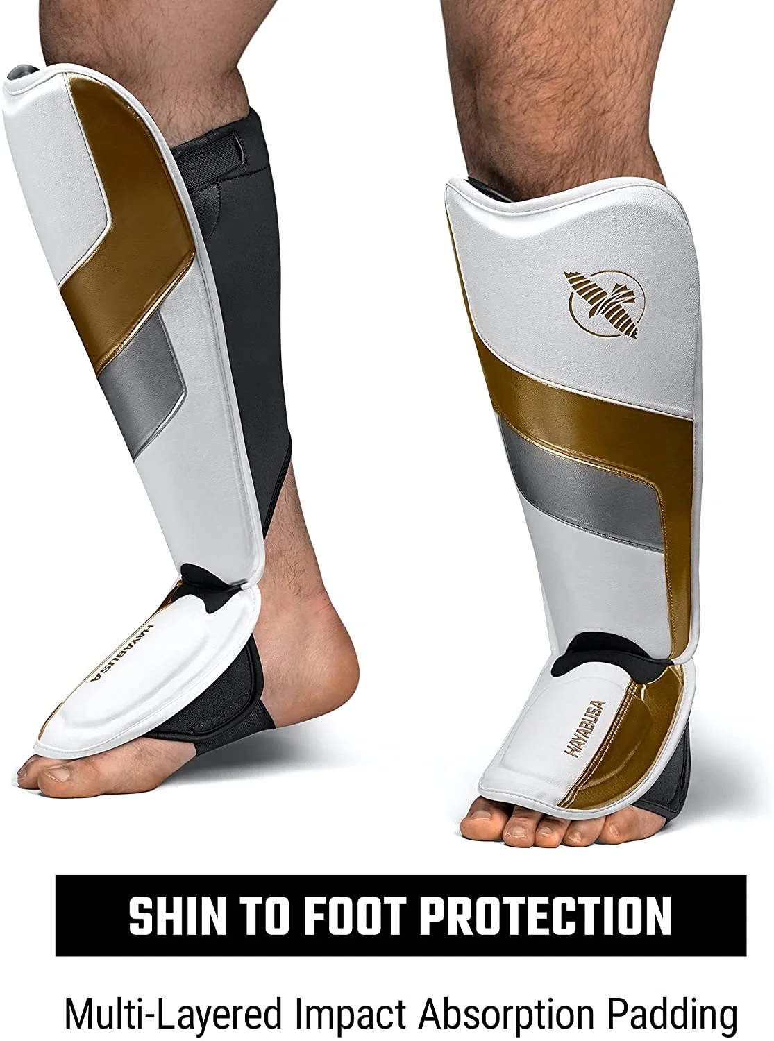 HAYABUSA SHINGUARDS FULL BACK T3 MMA IN STEP WHITE/GOLD - Image 5