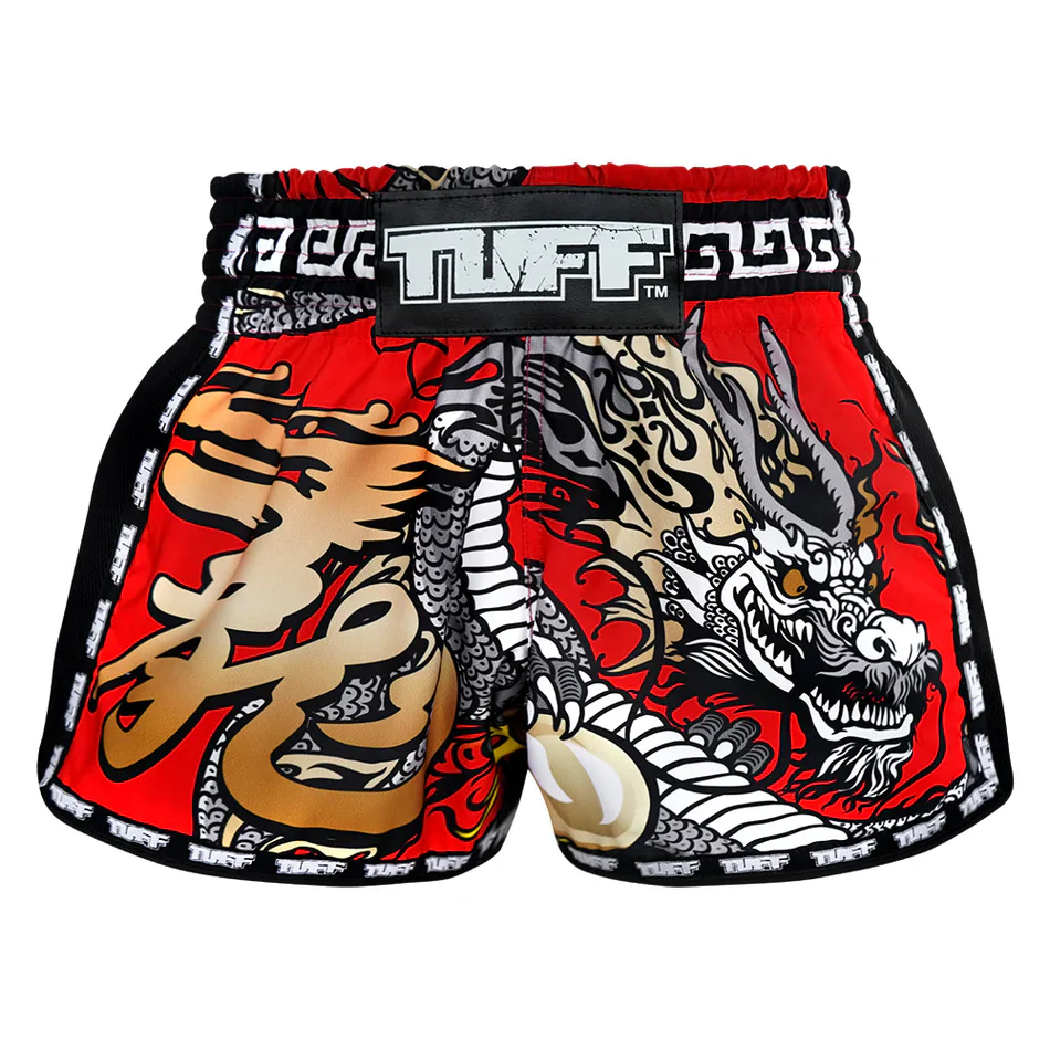 TUFF MUAY THAI SHORTS RETRO CHINESE DRAGON RED/BLACK/GOLD