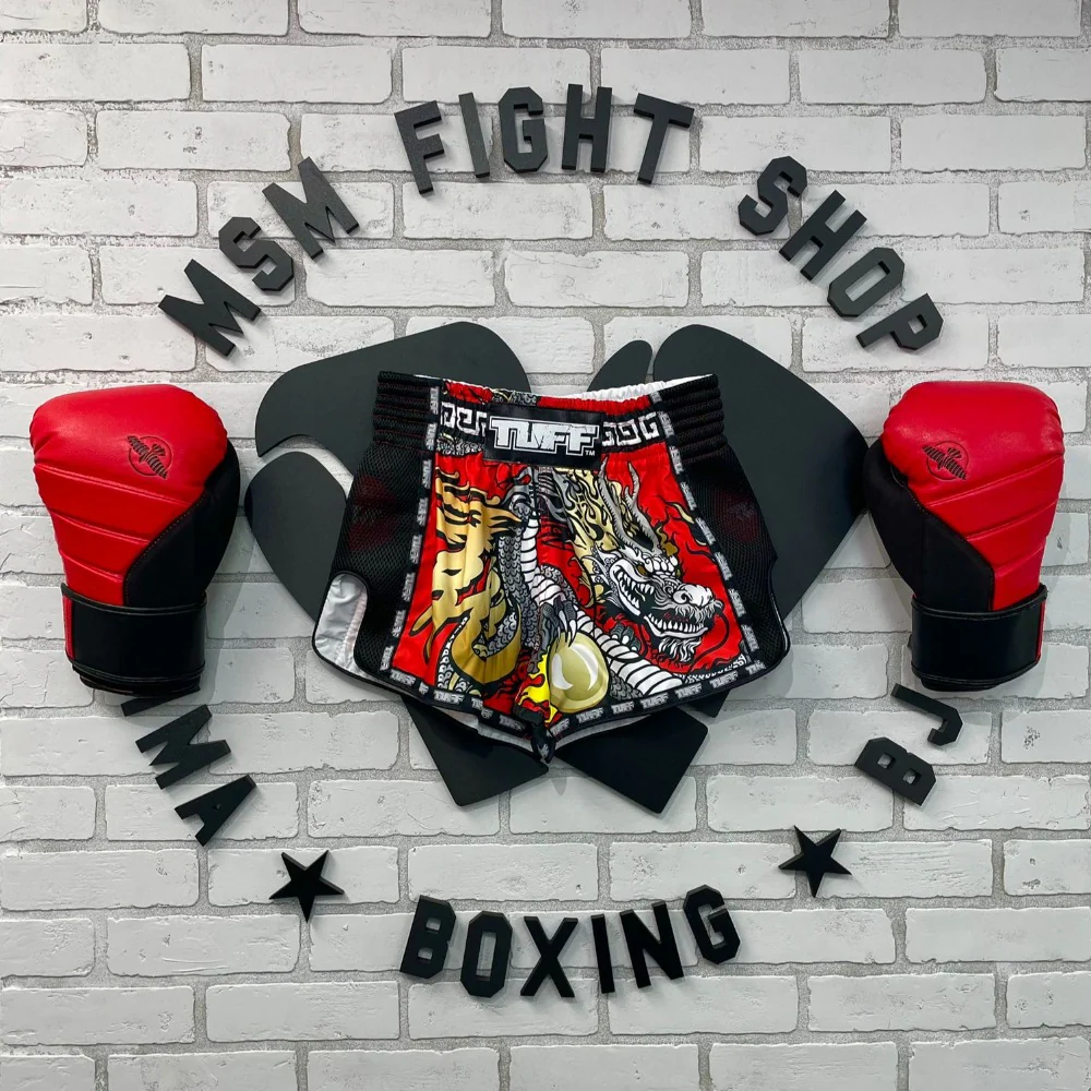TUFF MUAY THAI SHORTS RETRO CHINESE DRAGON RED/BLACK/GOLD - Image 2
