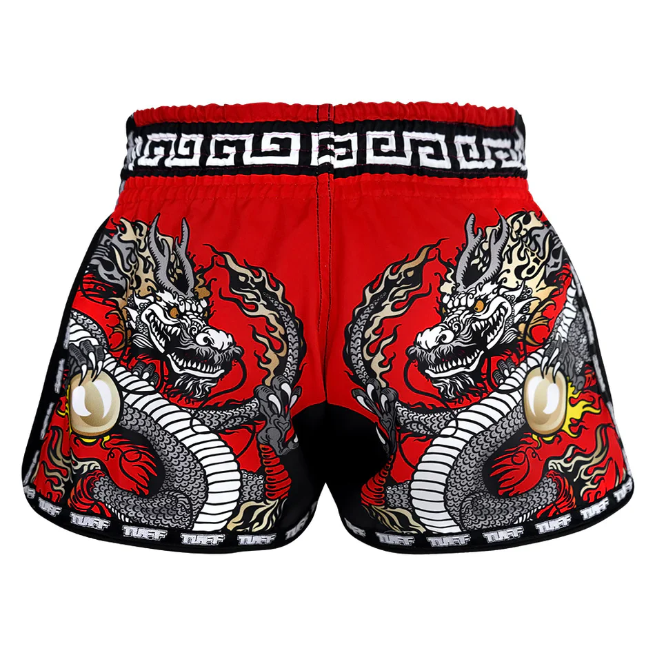 TUFF MUAY THAI SHORTS RETRO CHINESE DRAGON RED/BLACK/GOLD - Image 3