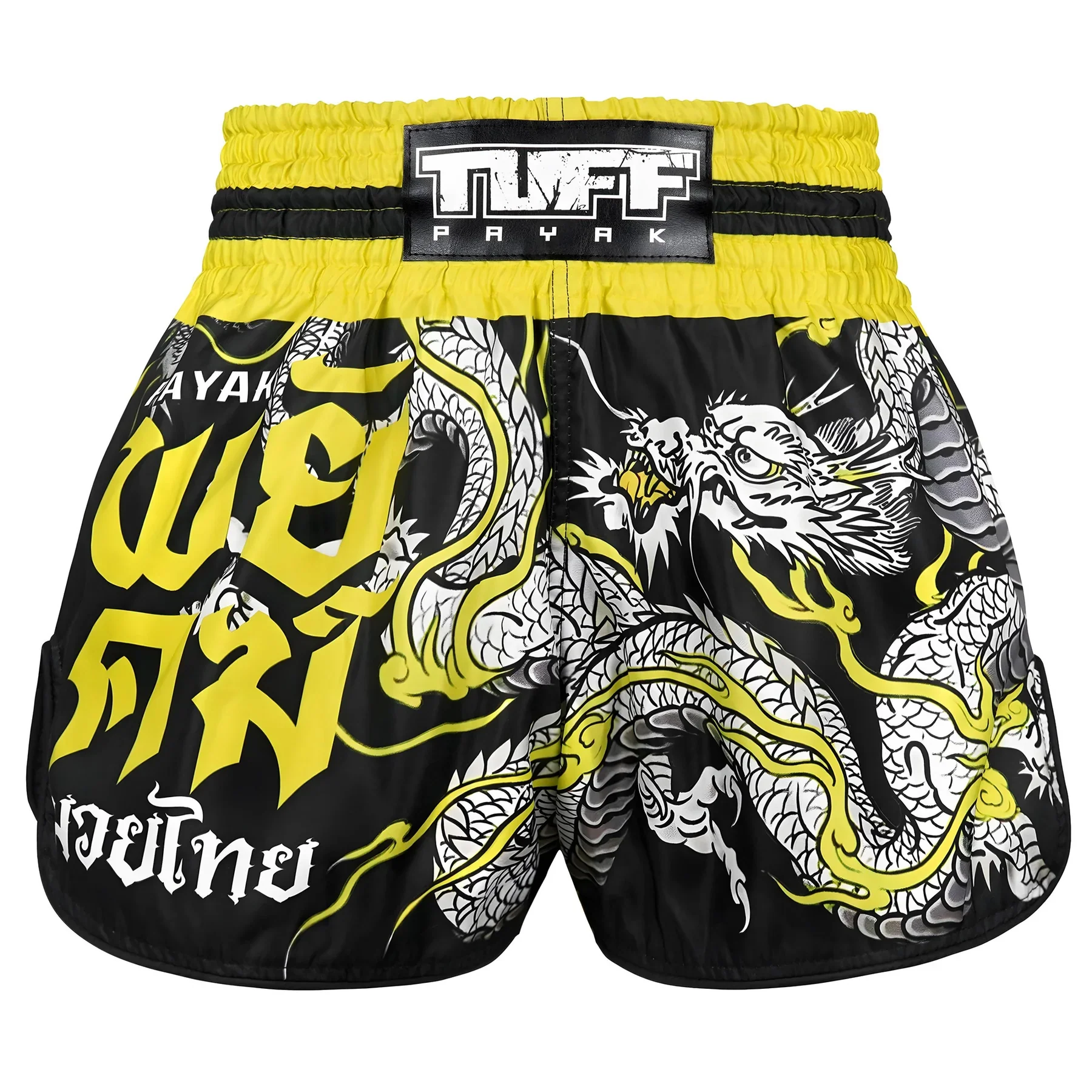 TUFF MUAY THAI SHORTS HIGH CUT RETRO PAYAK RISING BLACK/YELLOW