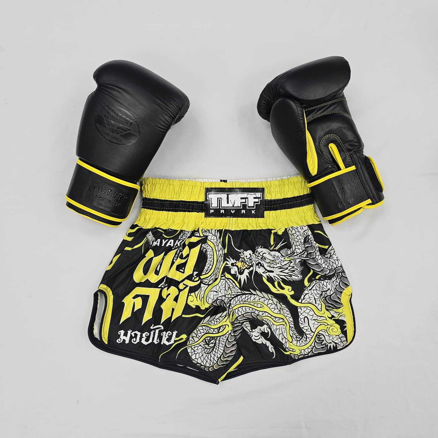 TUFF MUAY THAI SHORTS HIGH CUT RETRO PAYAK RISING BLACK/YELLOW - Image 2
