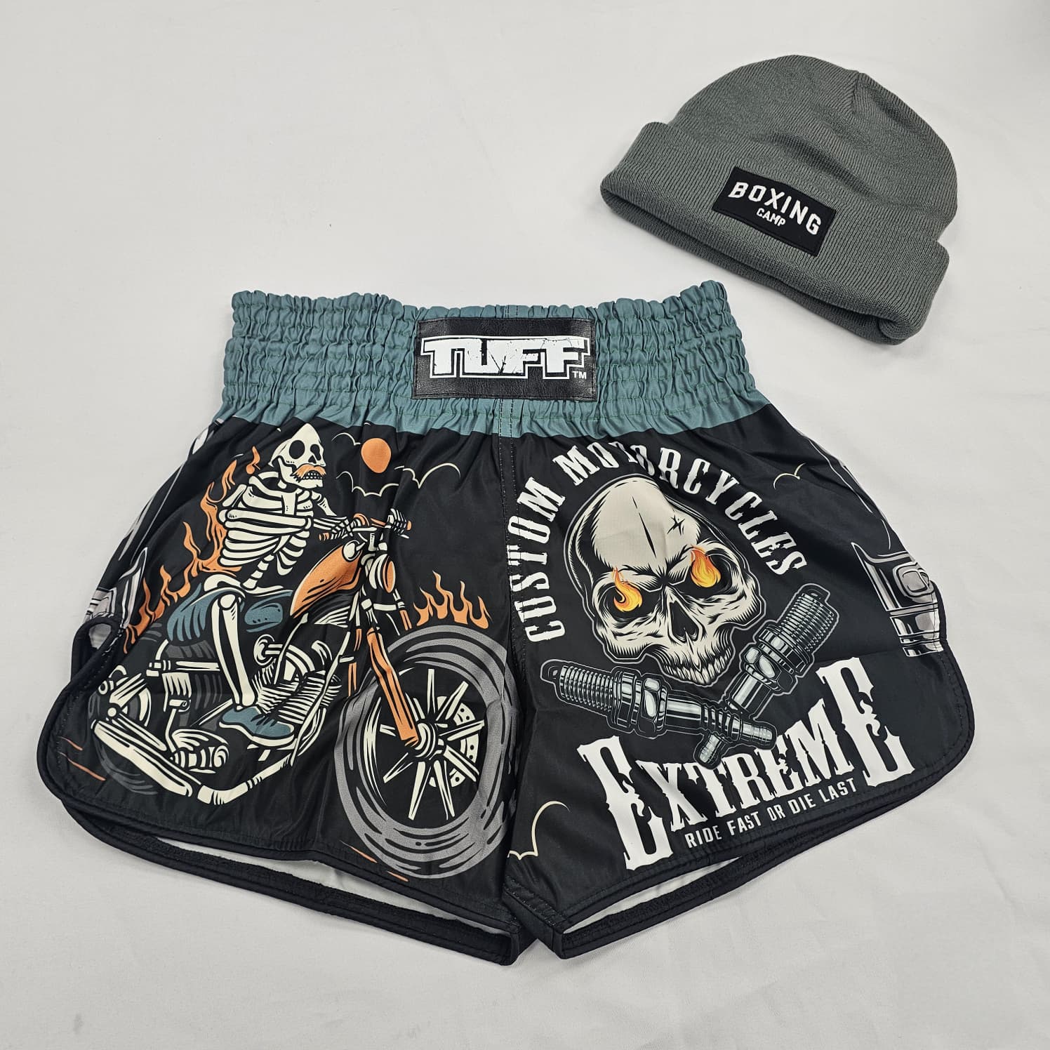 TUFF MUAY THAI SHORTS HIGH CUT RETRO SKULL RIDER BLACK/BLUE - Image 2