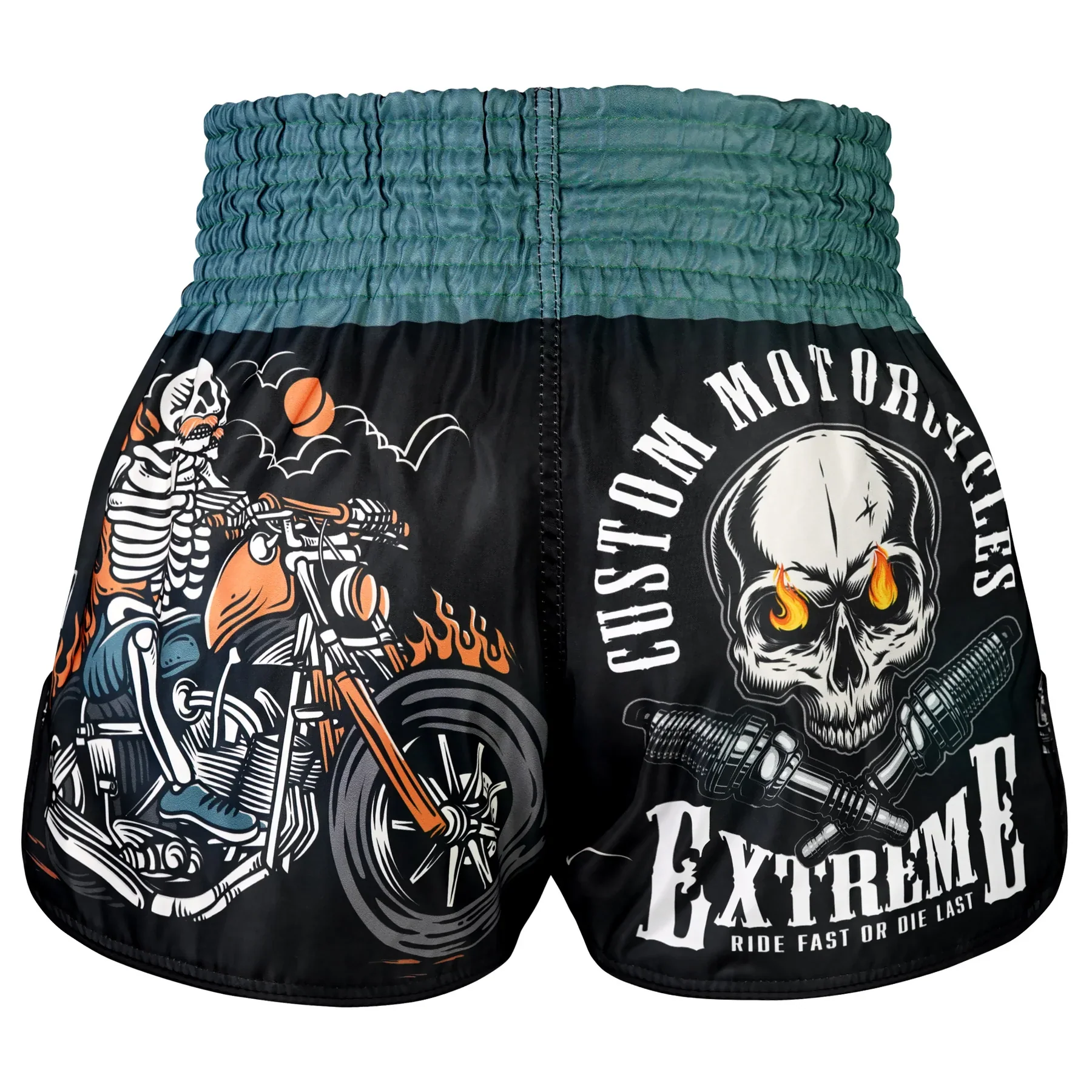 TUFF MUAY THAI SHORTS HIGH CUT RETRO SKULL RIDER BLACK/BLUE - Image 3