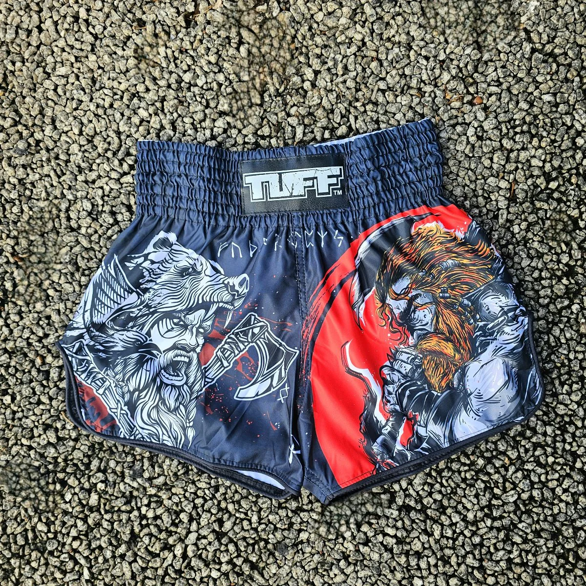 TUFF MUAY THAI SHORTS HIGH CUT RETRO THE BARBARIAN VIKING BLACK/RED - Image 2