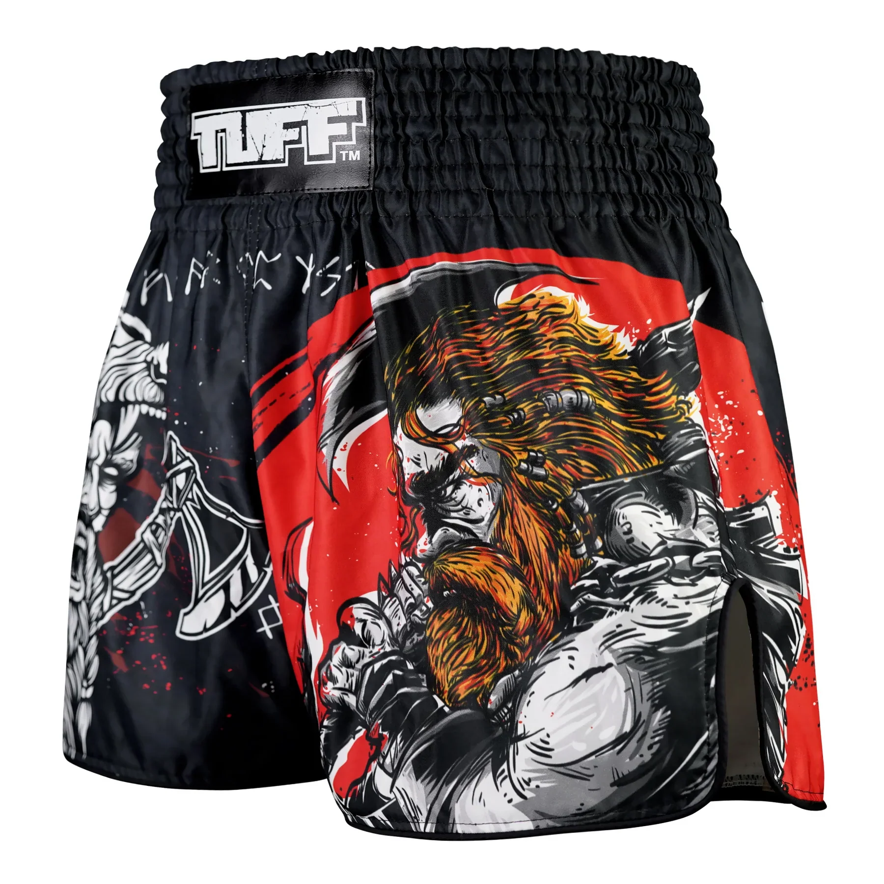 TUFF MUAY THAI SHORTS HIGH CUT RETRO THE BARBARIAN VIKING BLACK/RED - Image 3
