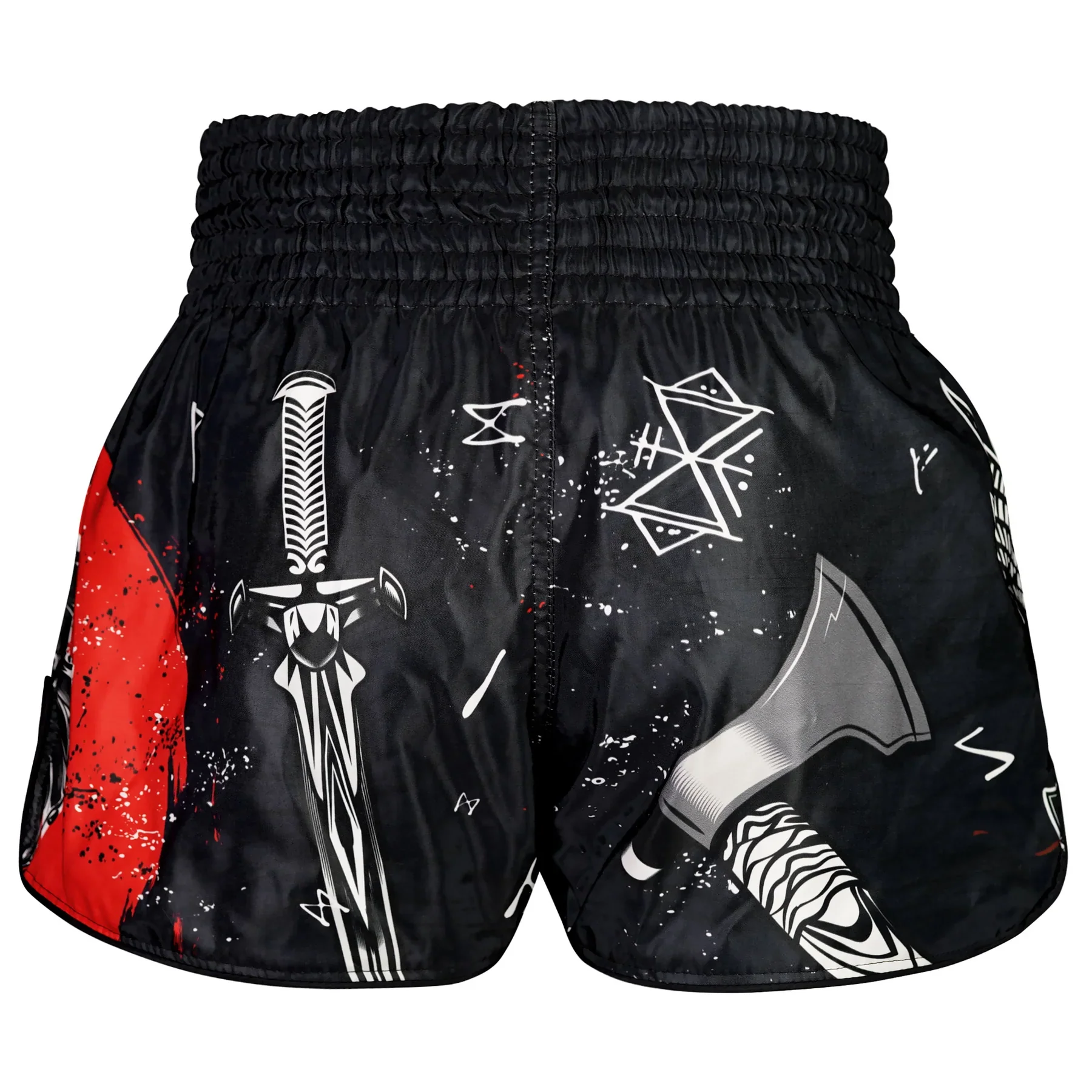 TUFF MUAY THAI SHORTS HIGH CUT RETRO THE BARBARIAN VIKING BLACK/RED - Image 4