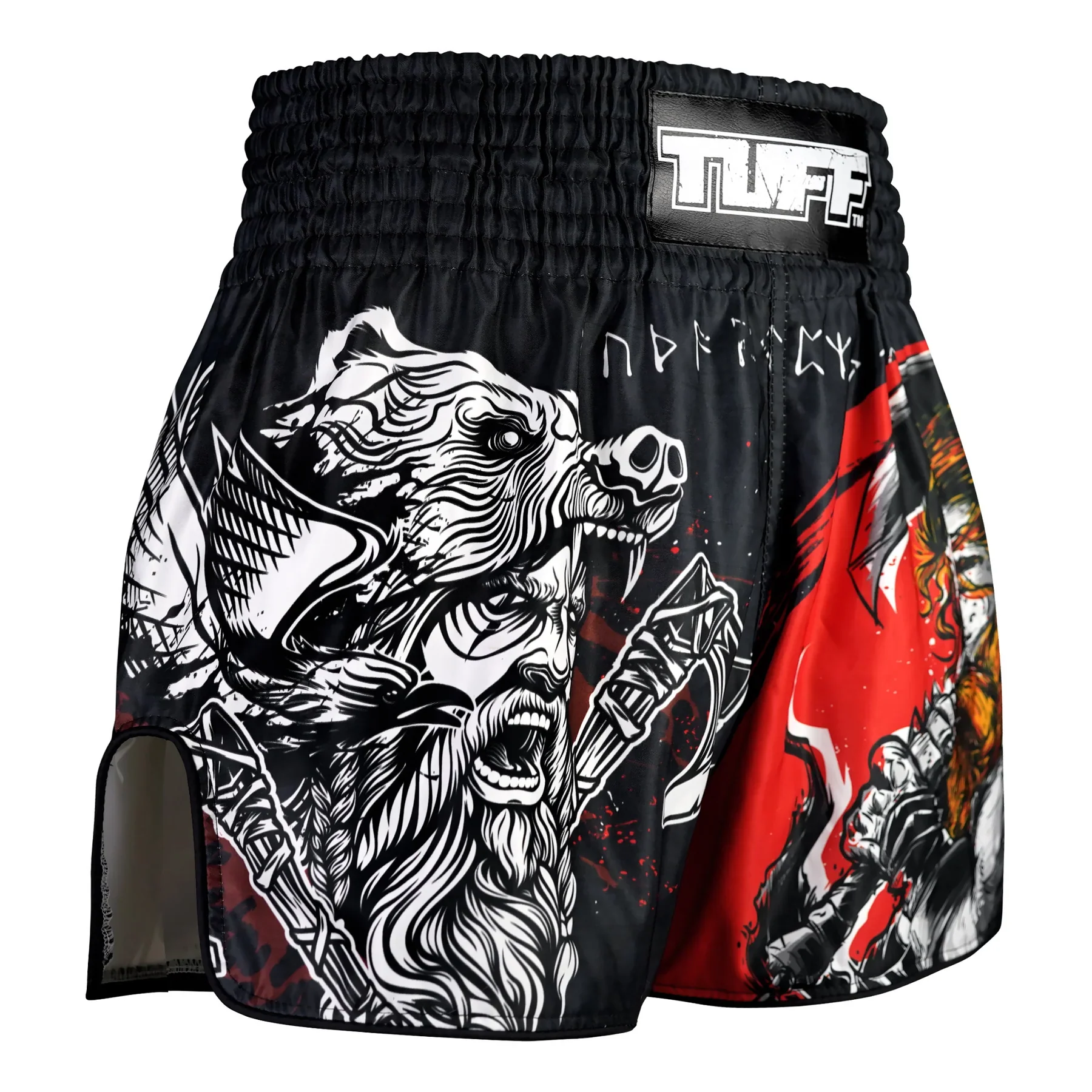 TUFF MUAY THAI SHORTS HIGH CUT RETRO THE BARBARIAN VIKING BLACK/RED - Image 5