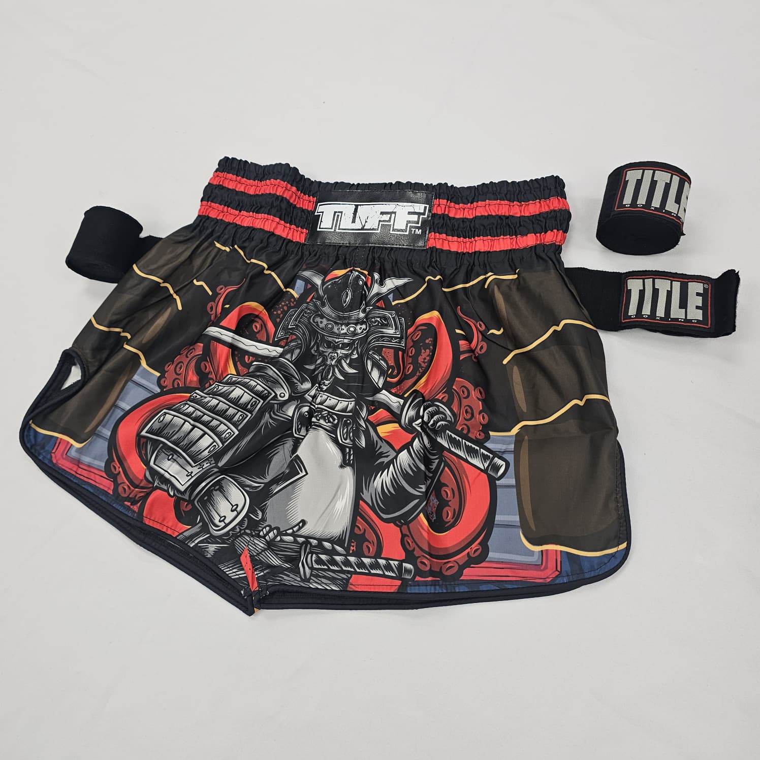 TUFF MUAY THAI SHORTS HIGH CUT RETRO UNDEFEATED STEEL BLACK/RED - Image 3