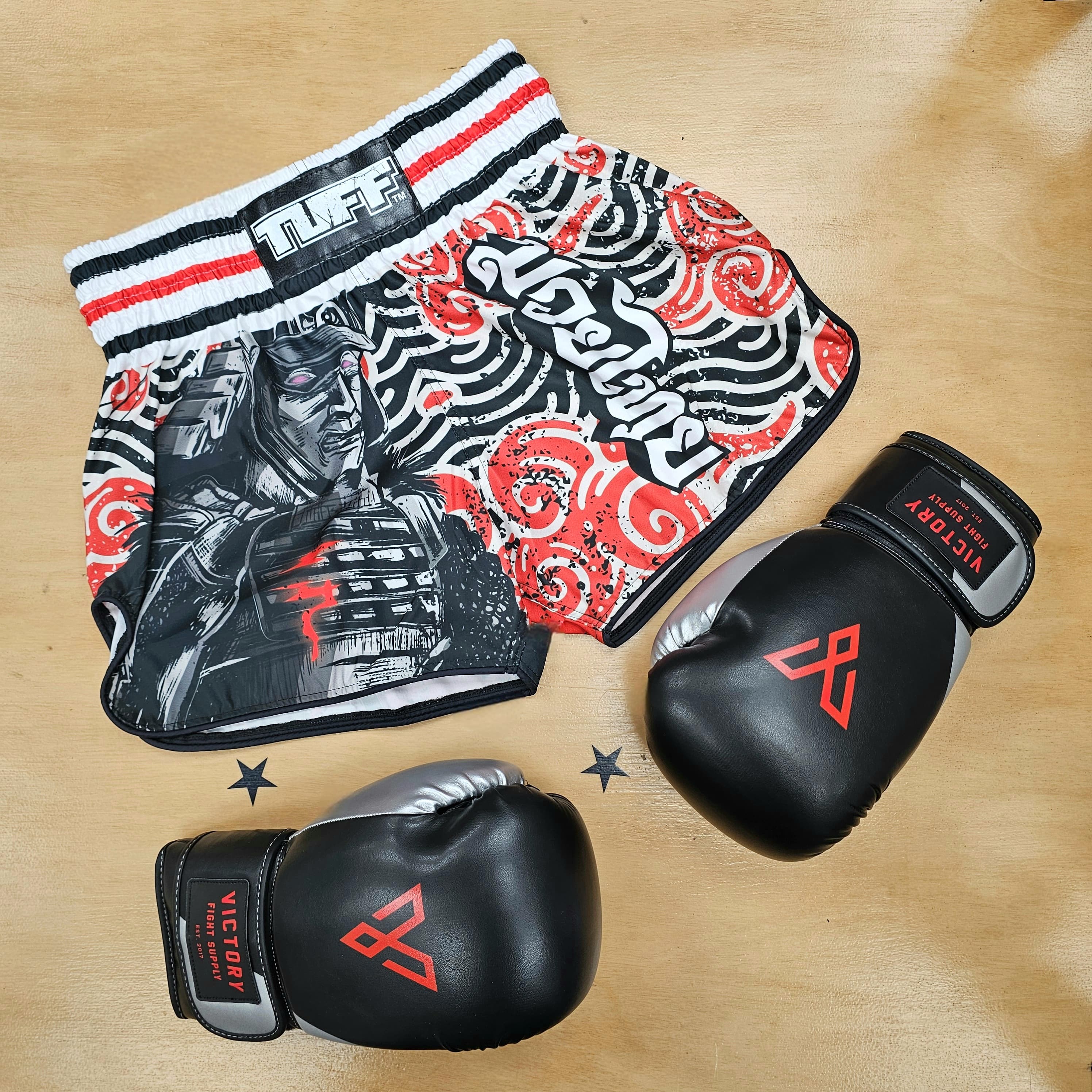TUFF MUAY THAI SHORTS HIGH CUT RETRO WAVES OF BUSHIDO BLACK/RED - Image 2
