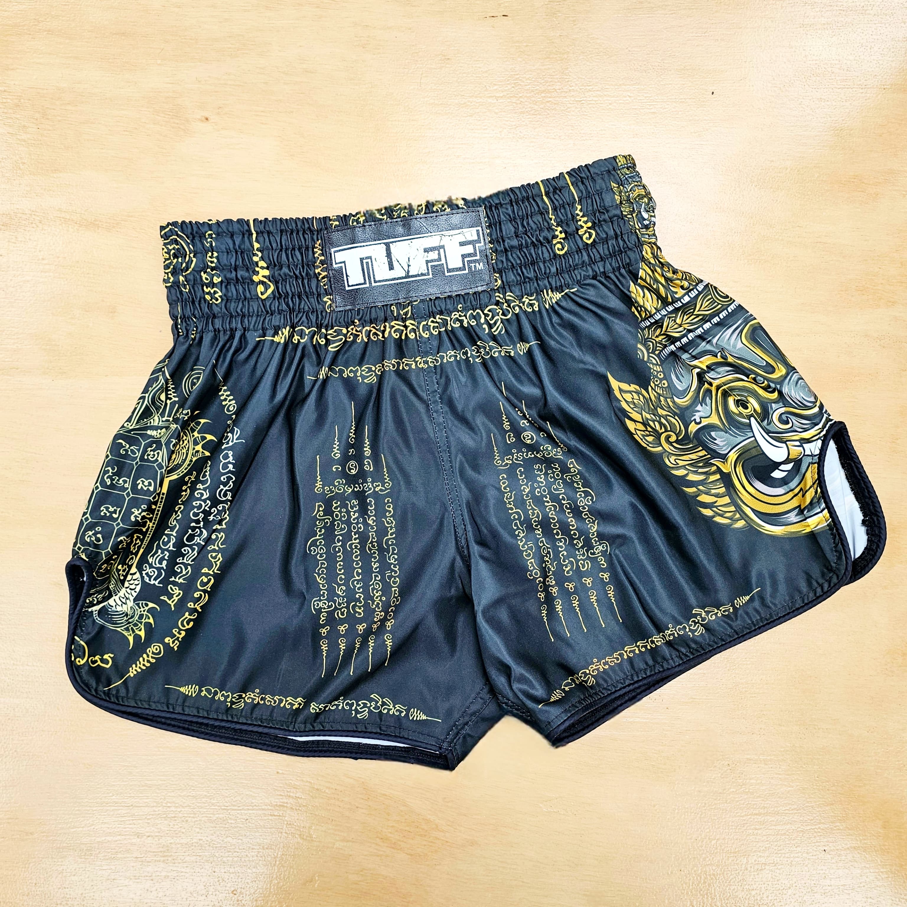 TUFF MUAY THAI SHORTS HIGH CUT RETRO YAKSA THAI SCRIPT BLACK - Image 2