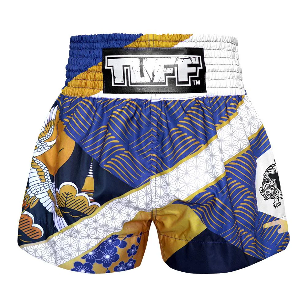 TUFF MUAY THAI SHORTS MAJESTIC CRANE BLUE/WHITE/GOLD