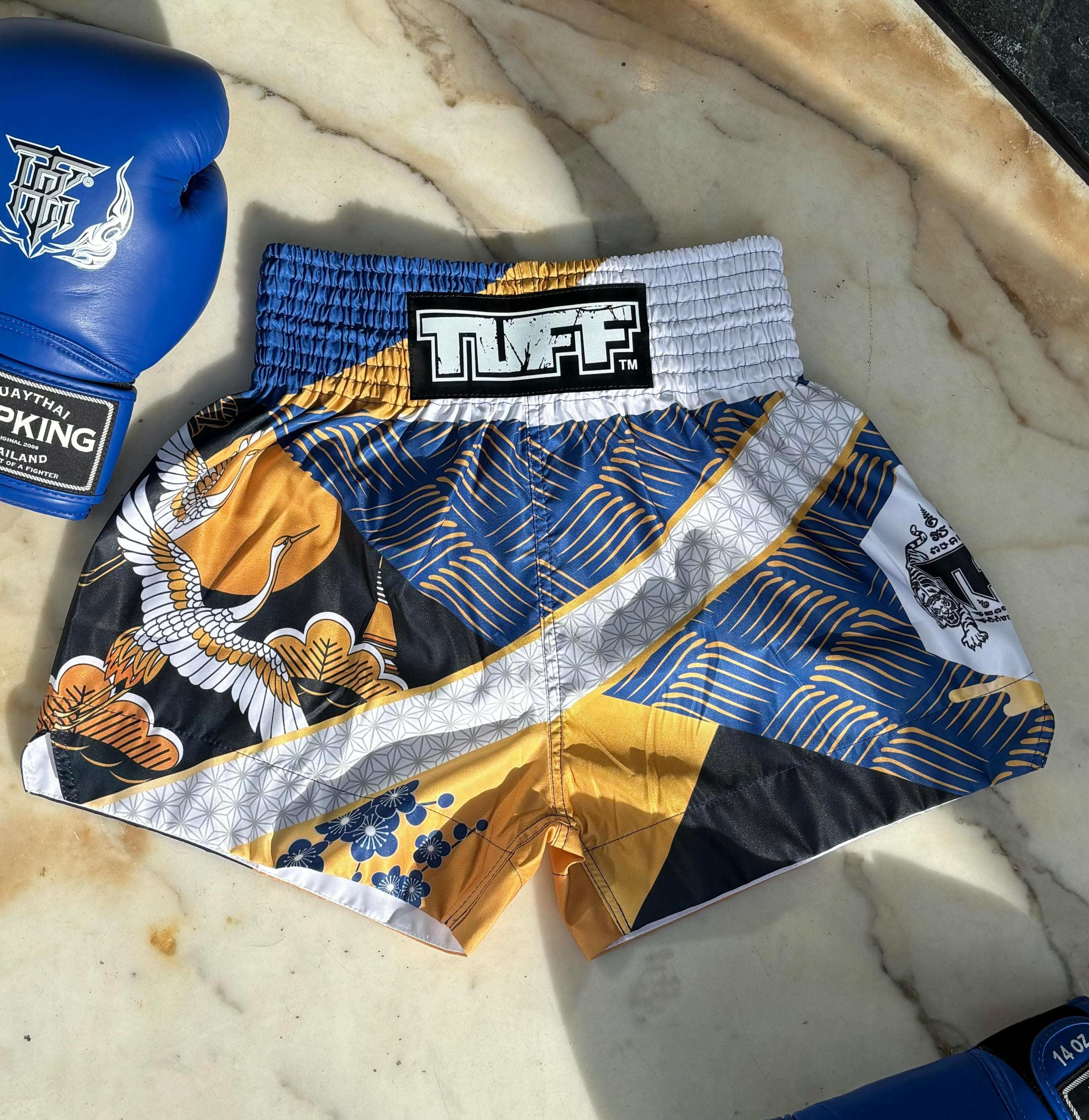 TUFF MUAY THAI SHORTS MAJESTIC CRANE BLUE/WHITE/GOLD - Image 2