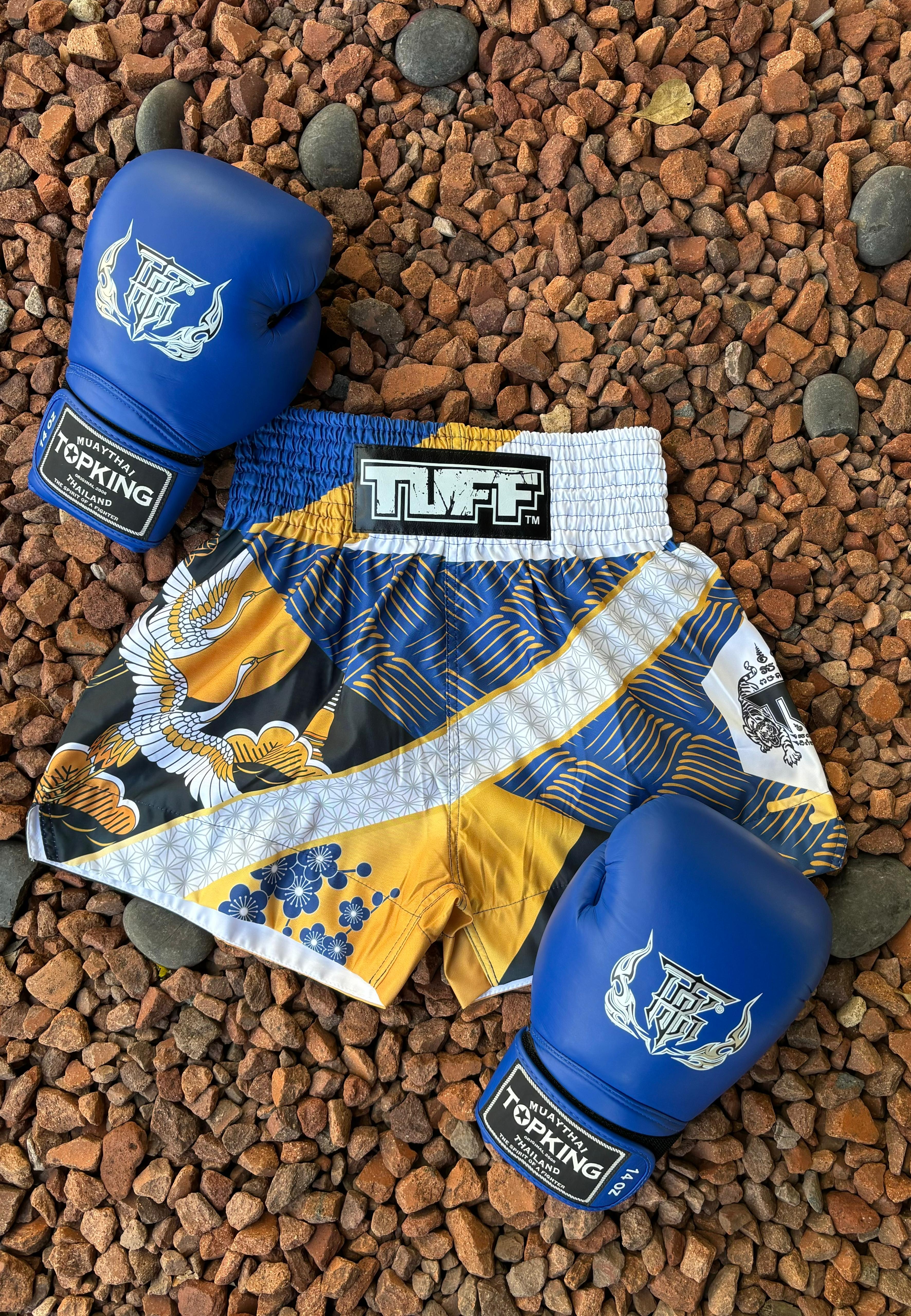 TUFF MUAY THAI SHORTS MAJESTIC CRANE BLUE/WHITE/GOLD - Image 3