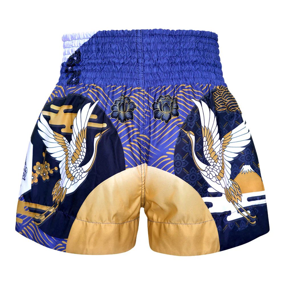 TUFF MUAY THAI SHORTS MAJESTIC CRANE BLUE/WHITE/GOLD - Image 4