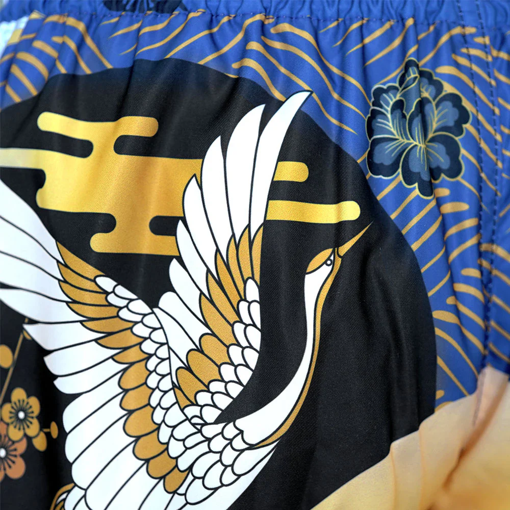 TUFF MUAY THAI SHORTS MAJESTIC CRANE BLUE/WHITE/GOLD - Image 5