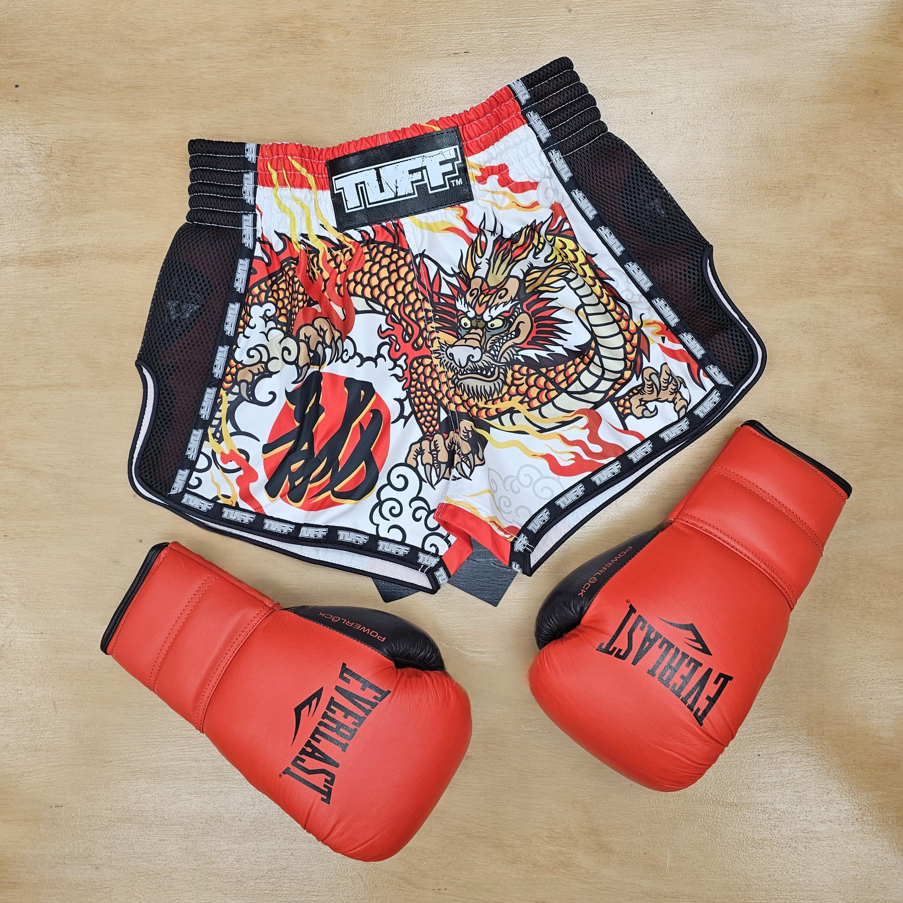TUFF MUAY THAI SHORTS RETRO CHINESE DRAGON WHITE/BLACK/RED - Image 2