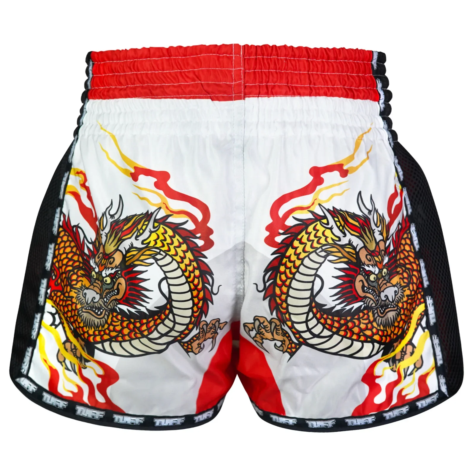 TUFF MUAY THAI SHORTS RETRO CHINESE DRAGON WHITE/BLACK/RED - Image 3