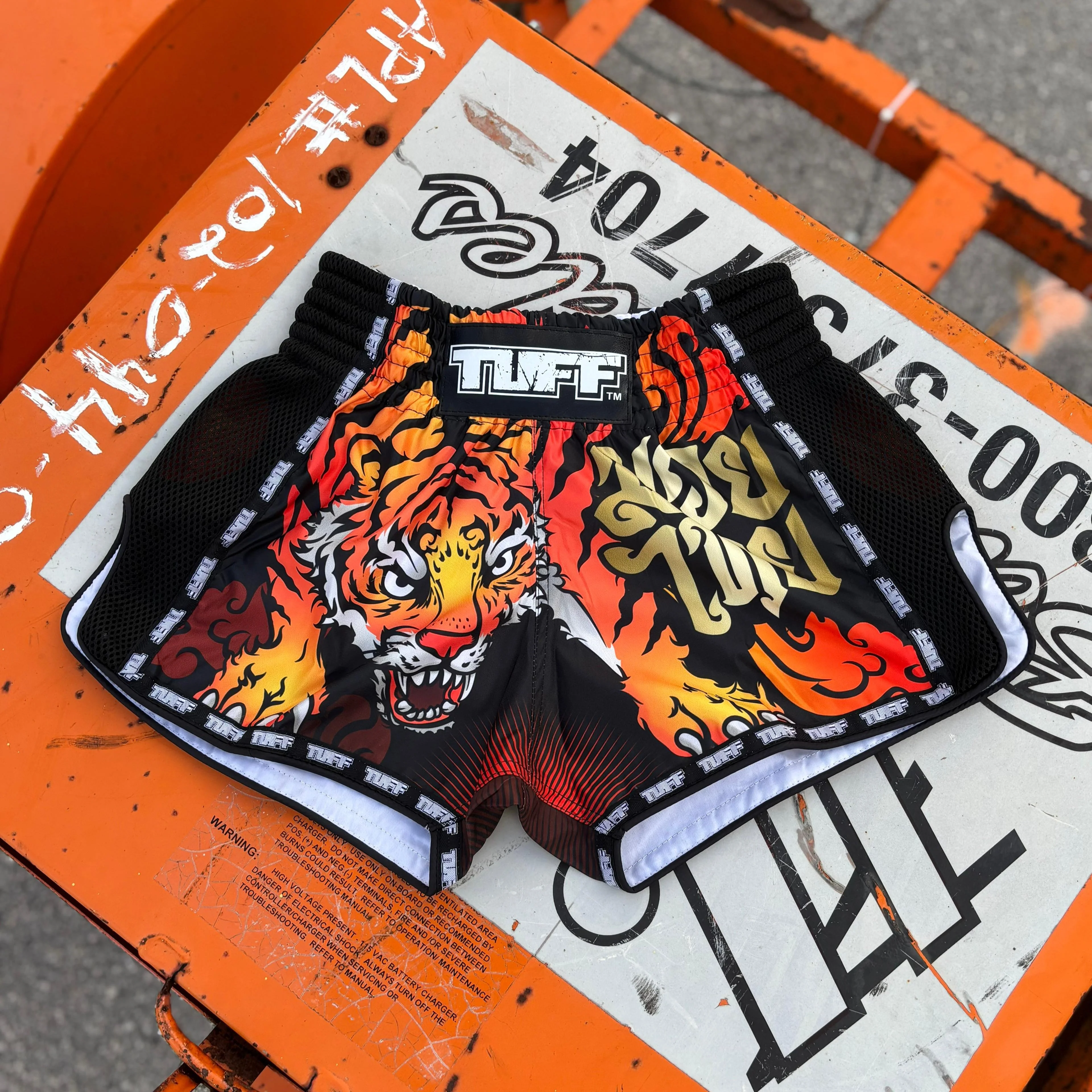 TUFF MUAY THAI SHORTS RETRO CRUEL TIGER BLACK/ORANGE - Image 2