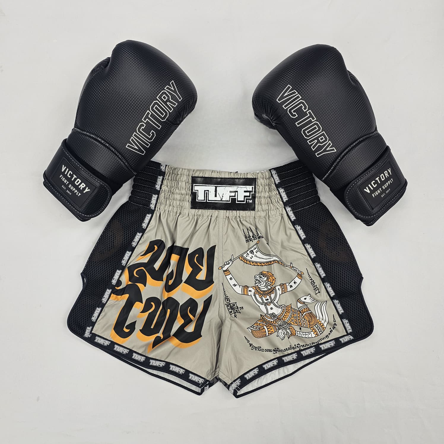 TUFF MUAY THAI SHORTS RETRO HANUMAN YANTRA GREY/BLACK - Image 2