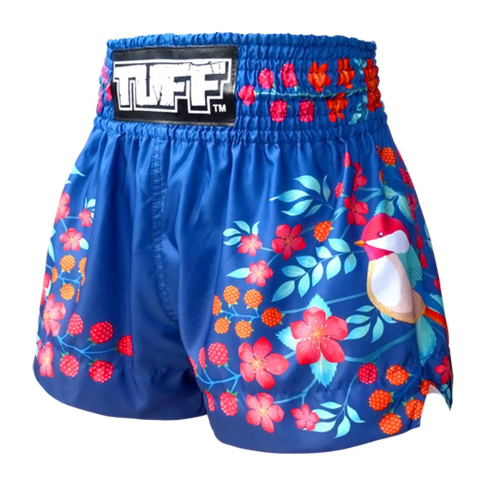 TUFF MUAY THAI SHORTS SAKURA NIGHTINGALE BIRD NAVY BLUE - Image 4