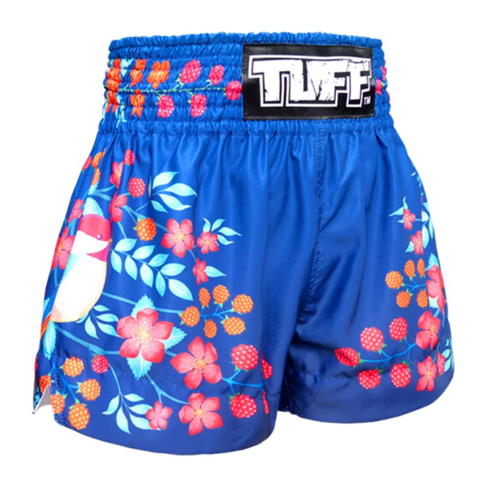 TUFF MUAY THAI SHORTS SAKURA NIGHTINGALE BIRD NAVY BLUE - Image 5