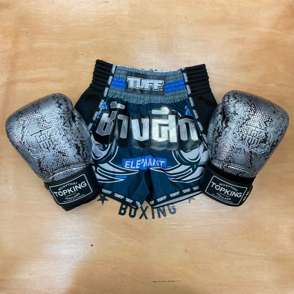 TUFF MUAY THAI SHORTS RETRO WAR ELEPHANT BLUE/SILVER - Image 2