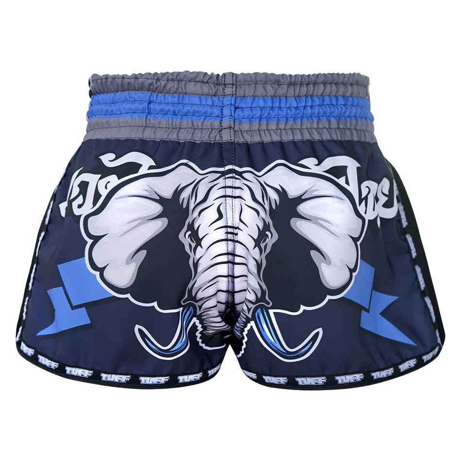 TUFF MUAY THAI SHORTS RETRO WAR ELEPHANT BLUE/SILVER - Image 3