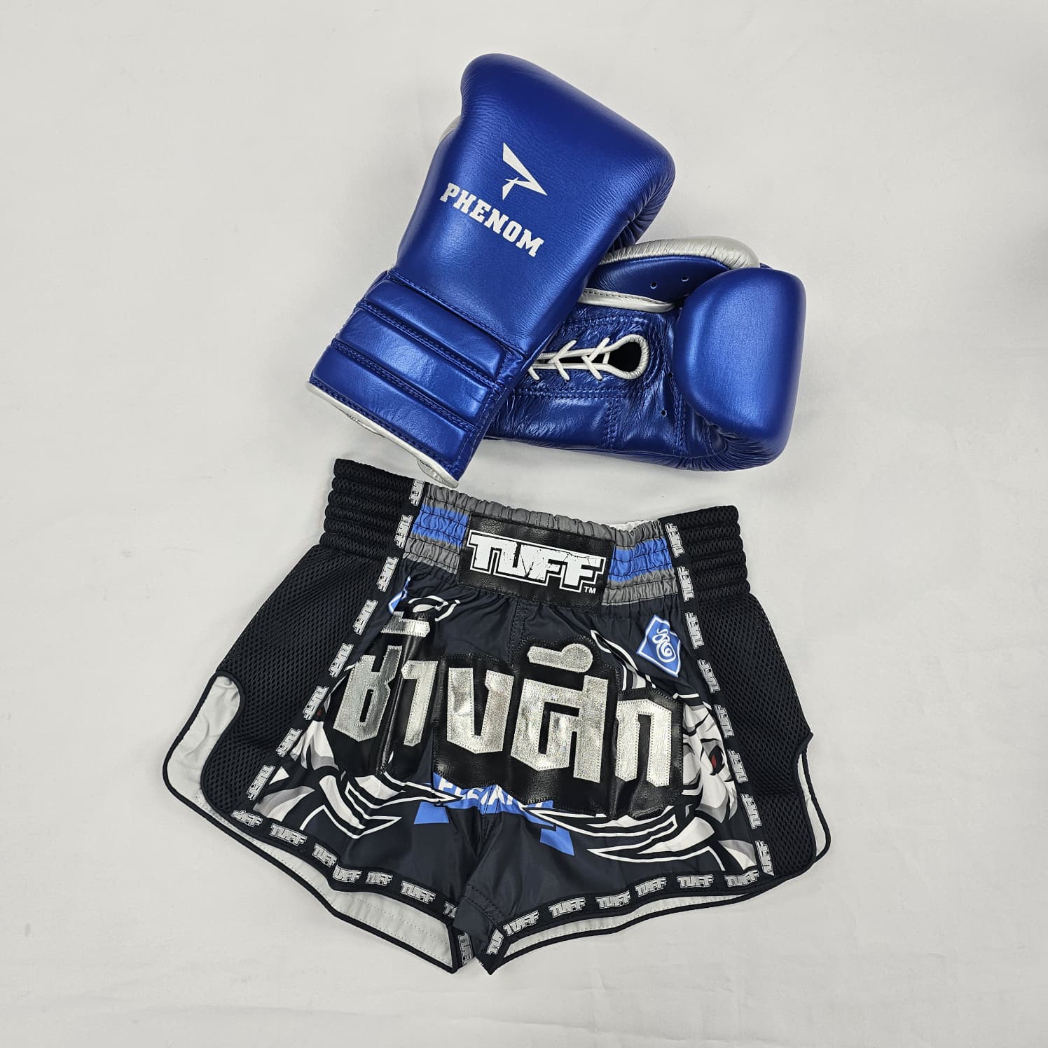 TUFF MUAY THAI SHORTS RETRO WAR ELEPHANT BLUE/SILVER - Image 4