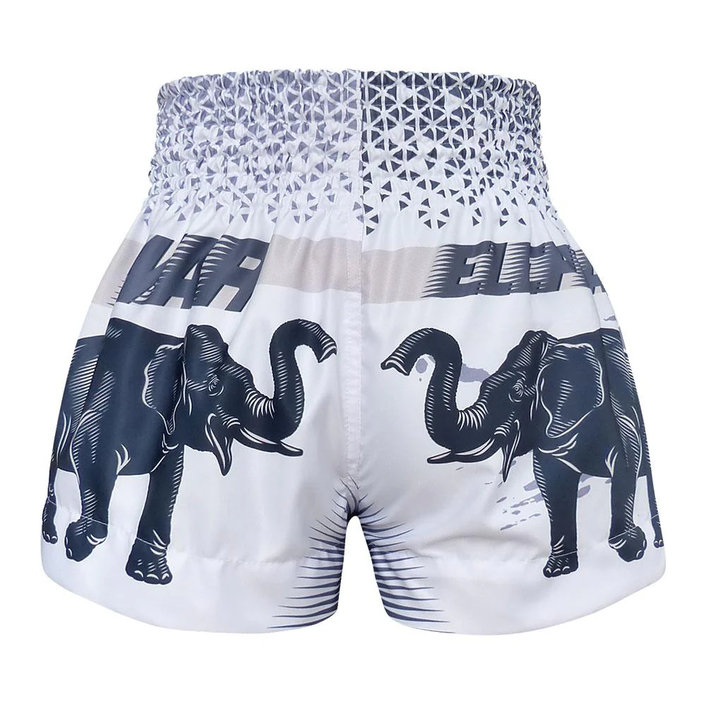 TUFF MUAY THAI SHORTS WAR ELEPHANT WHITE/BLUE - Image 3