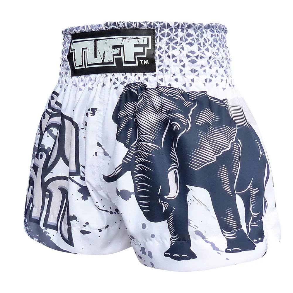 TUFF MUAY THAI SHORTS WAR ELEPHANT WHITE/BLUE - Image 4
