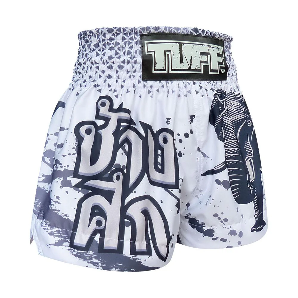 TUFF MUAY THAI SHORTS WAR ELEPHANT WHITE/BLUE - Image 5