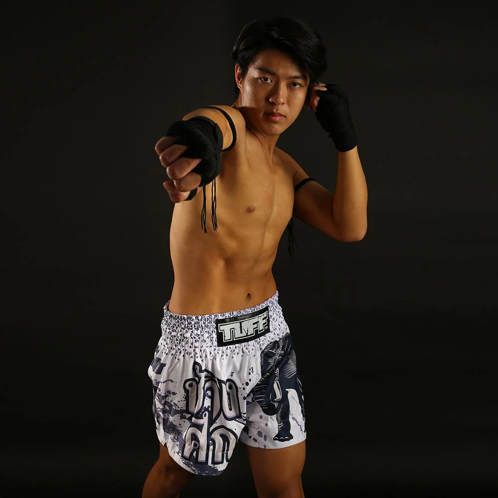TUFF MUAY THAI SHORTS WAR ELEPHANT WHITE/BLUE - Image 7