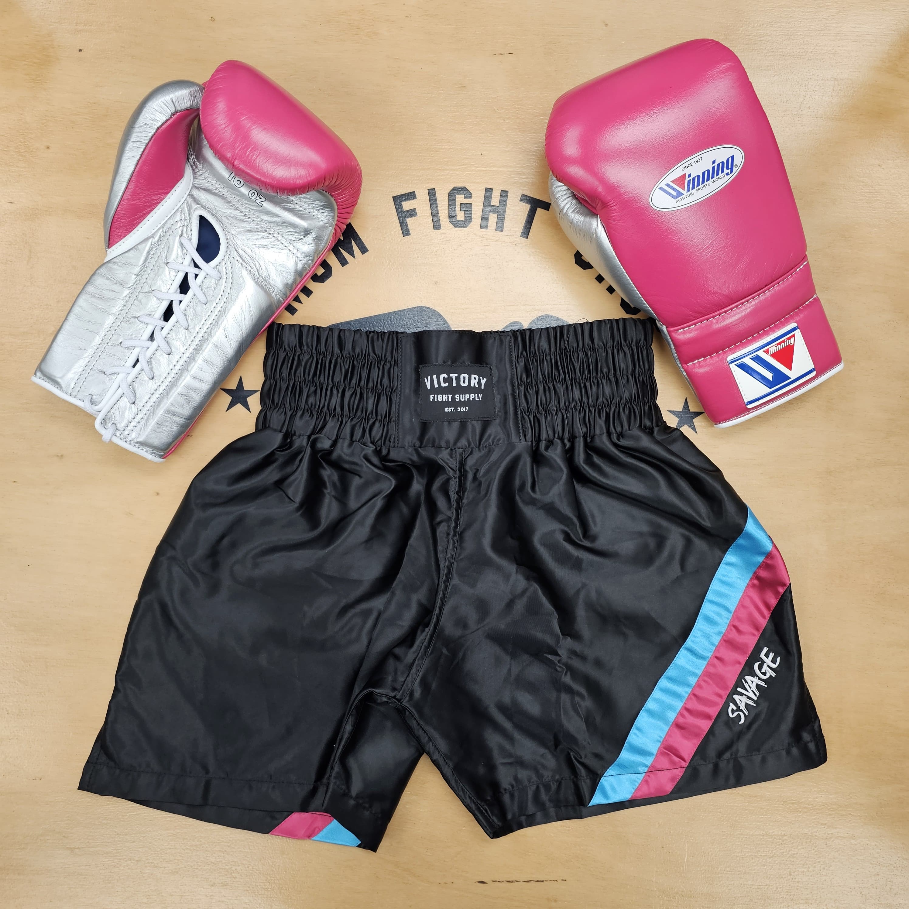 VICTORY BOXING SHORTS SAVAGE HYBRID BLACK/PINK/BLUE - Image 2