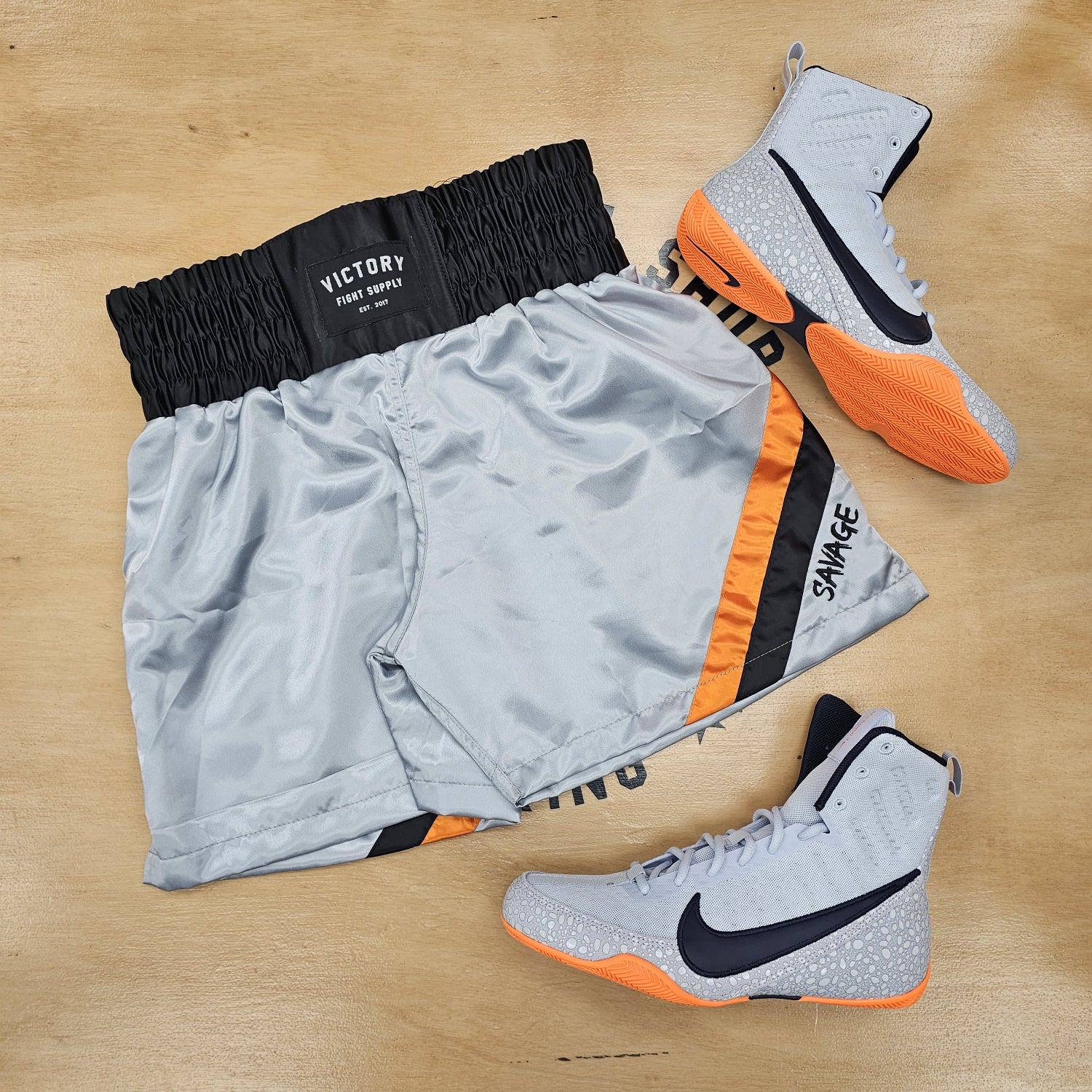 VICTORY BOXING SHORTS SAVAGE HYBRID GREY/BLACK/ORANGE - Image 2