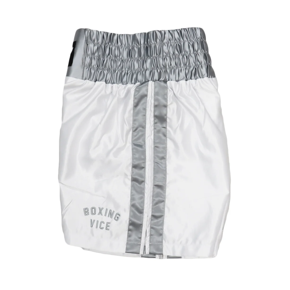 VICTORY BOXING SHORTS VICE SERIES SHORTER HYBRID CUT WHITE/SILVER - Image 4
